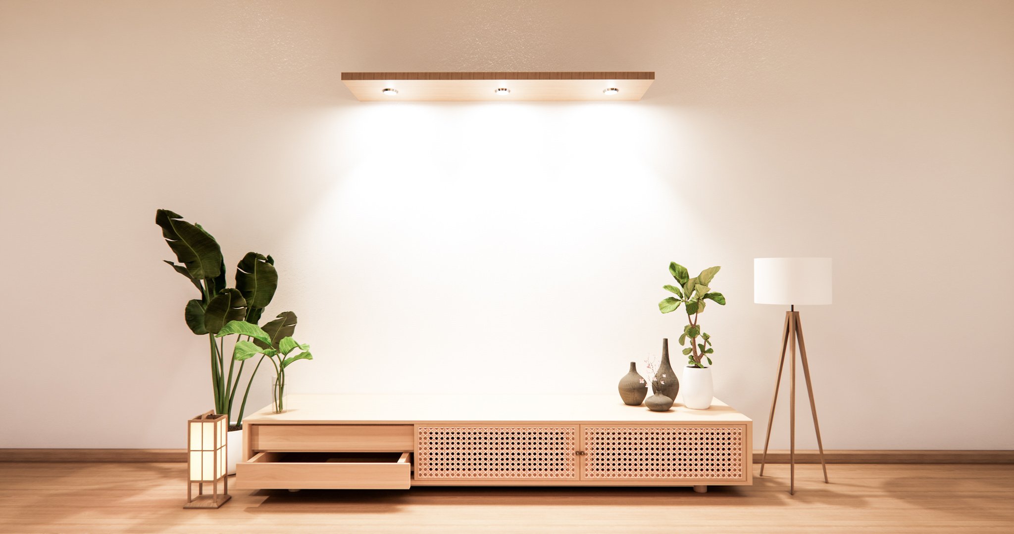 Wooden Cabinet in Modern Empty Room and White Wall