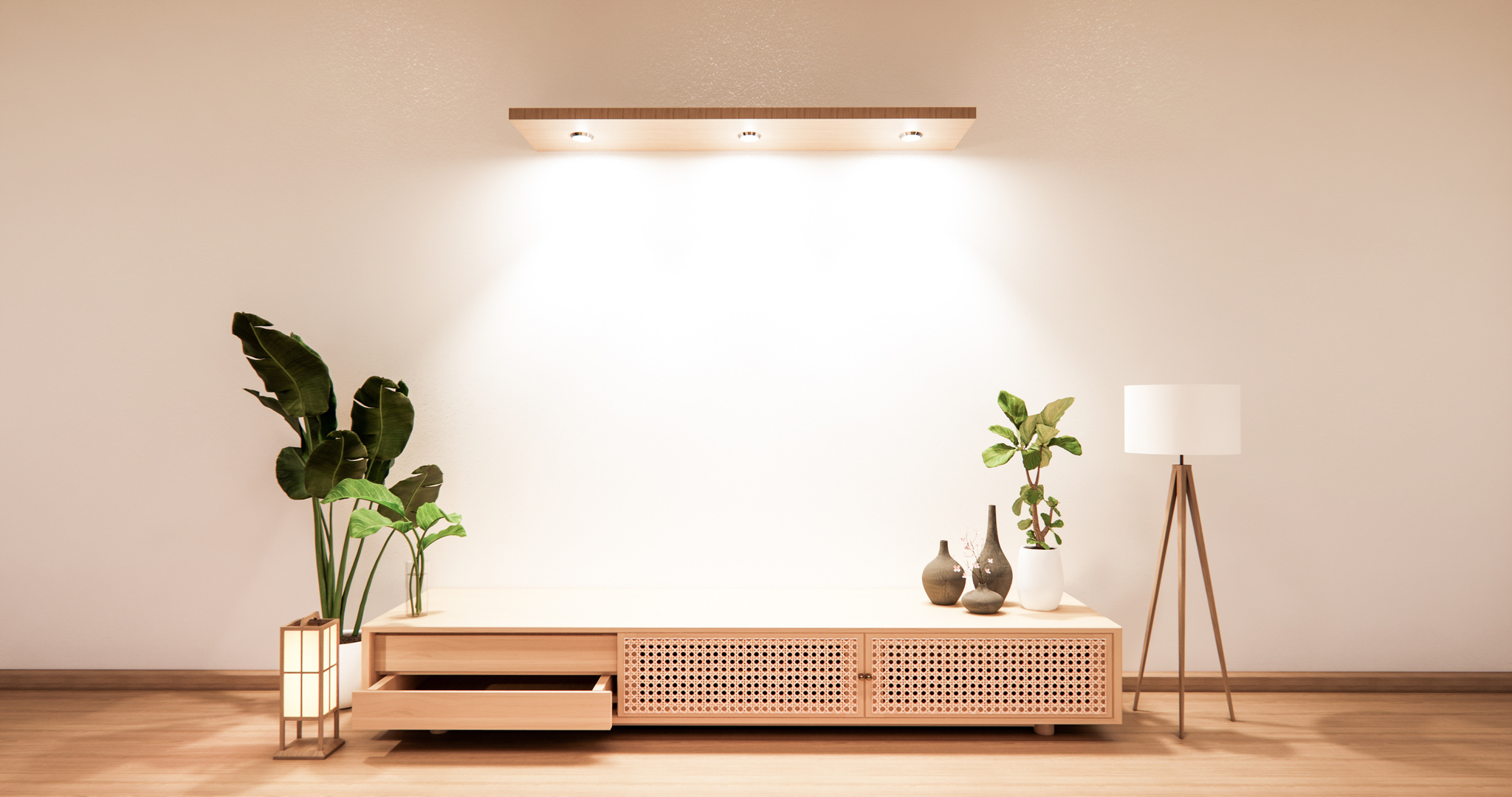 Wooden Cabinet in Modern Empty Room and White Wall